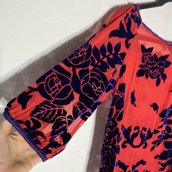 Vintage Hale Bob Semi Sheer Red and Navy Blue Beaded Velvet Silk Boho Blouse S - Picture 13 of 16